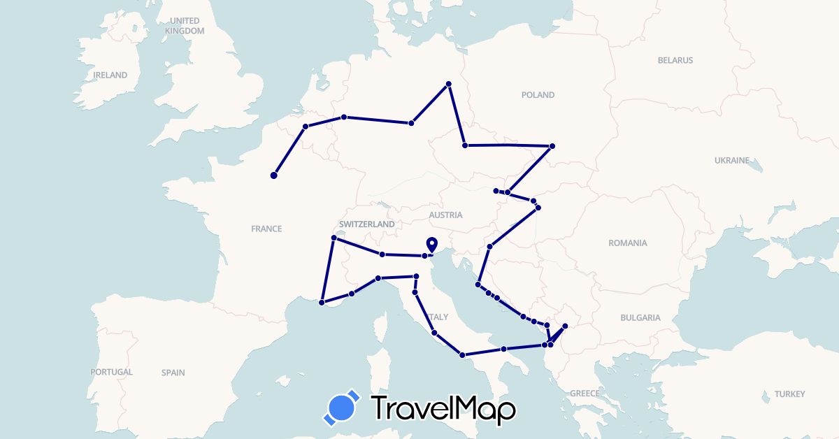 TravelMap itinerary: driving in Albania, Austria, Belgium, Switzerland, Czech Republic, Germany, France, Croatia, Hungary, Italy, Montenegro, Poland, Slovakia, Kosovo (Europe)